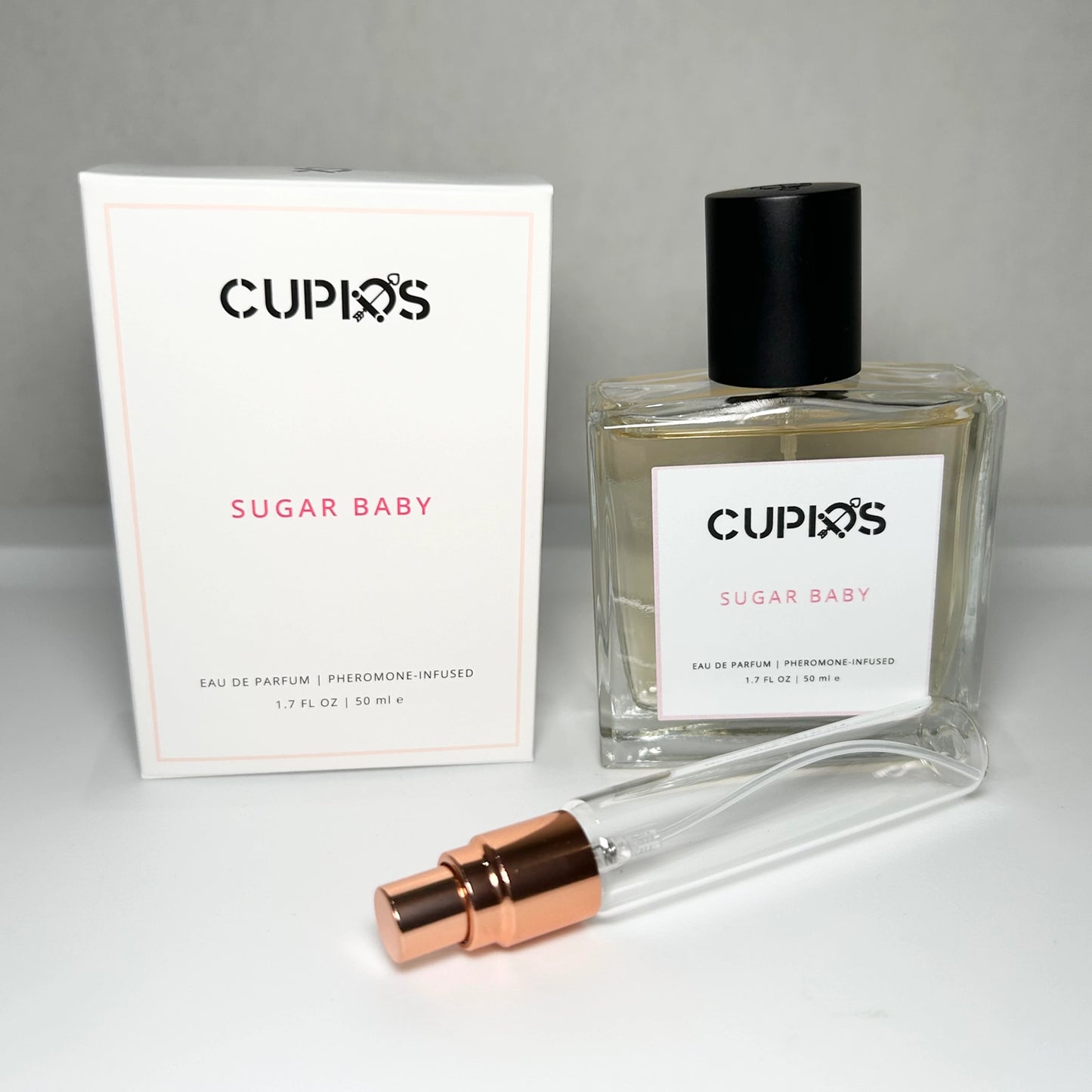 Cupid’s Sugar Baby pheromone-infused perfume with original packaging box and 8 mL travel-size bottle, sweet modern fragrance