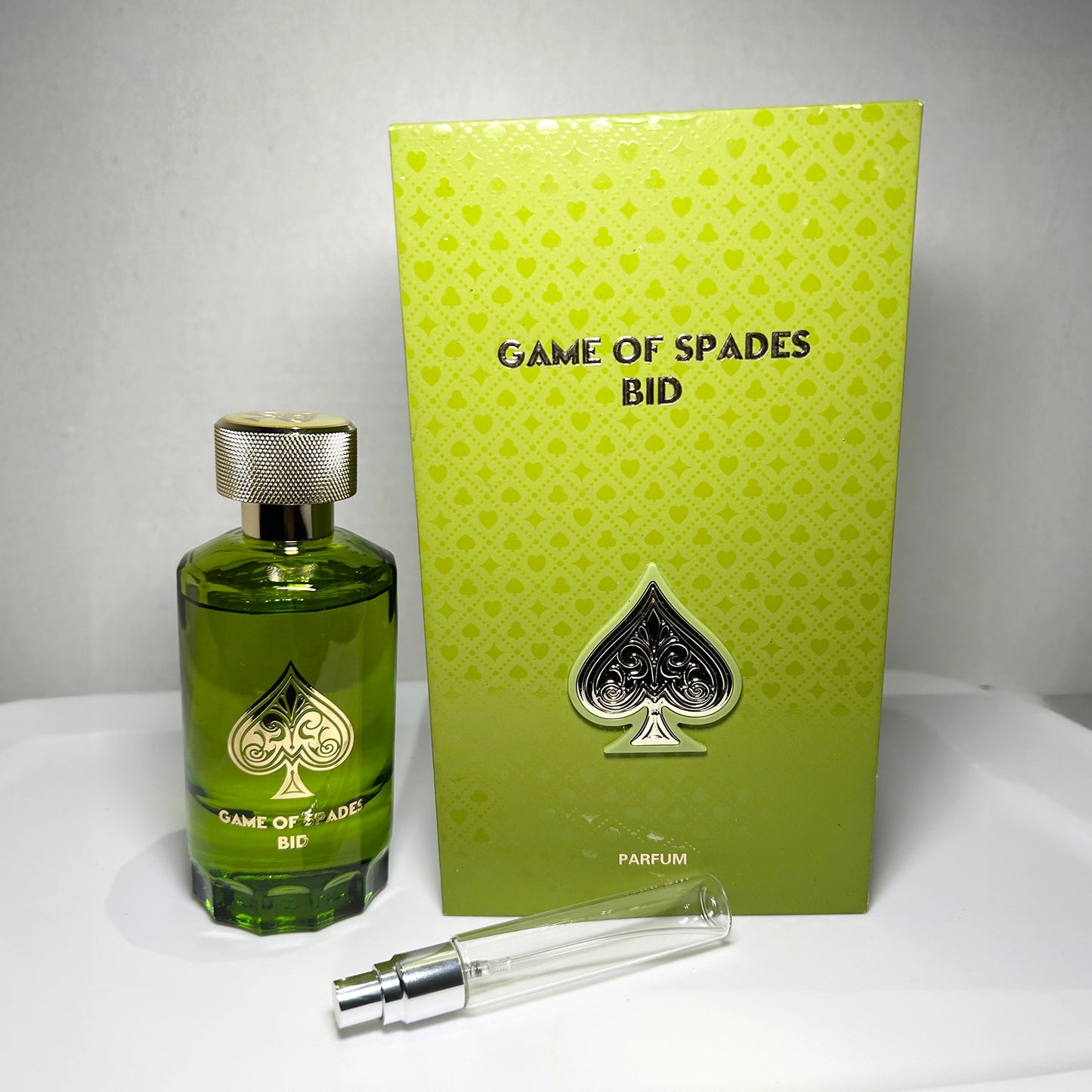 Game of Spades Bid by Jo Milano Paris with parfum bottle, branded box, and 8 mL travel-size decant sprayer, unisex luxury fragrance