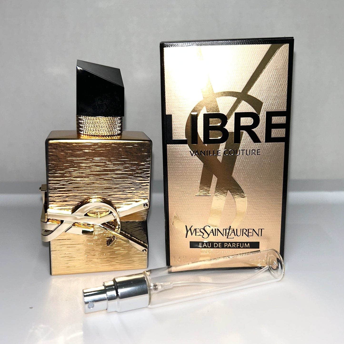 Libre Vanille Couture by YSL with original perfume bottle, branded box, and 8 mL travel-size decant sprayer, vanilla couture fragrance