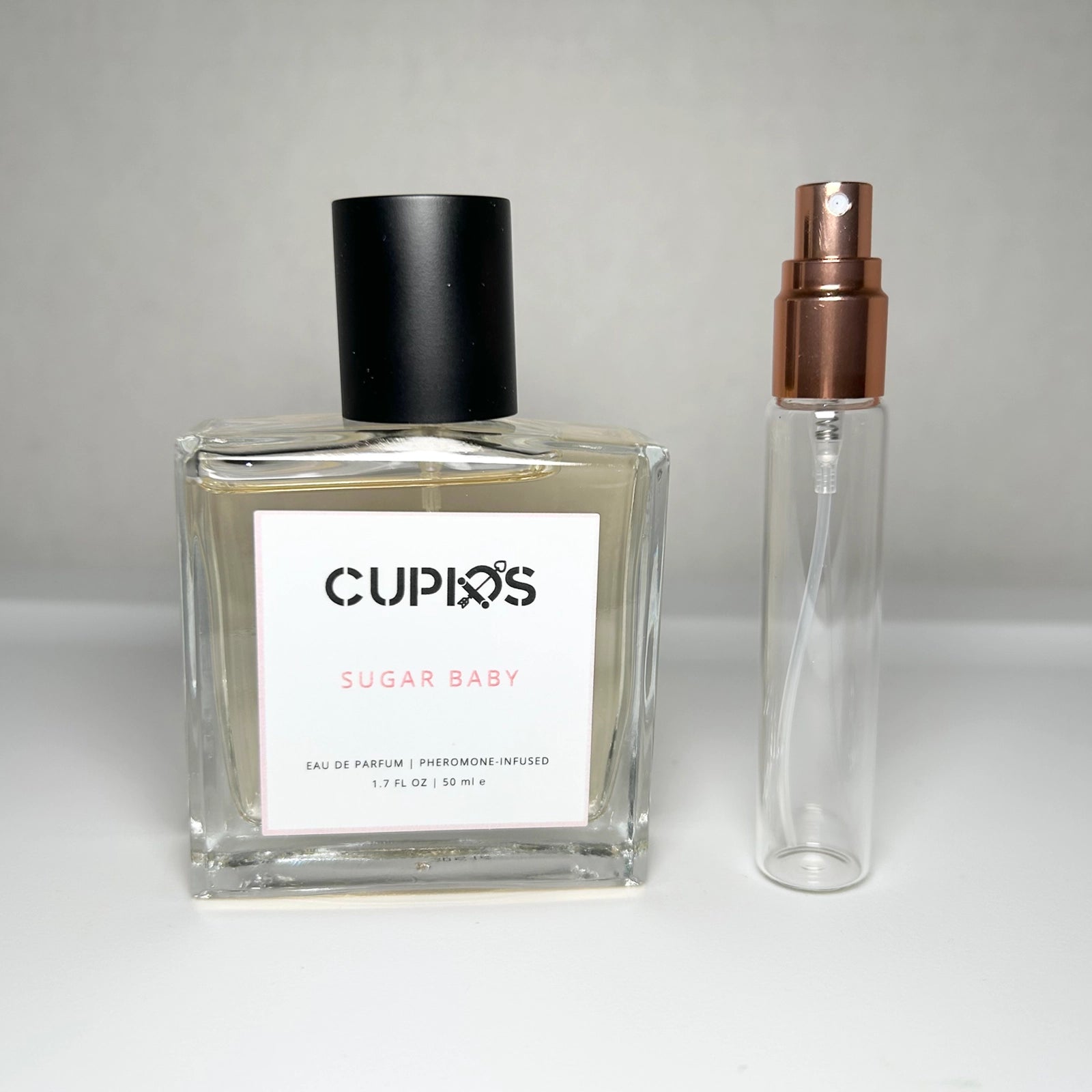 Cupid’s Sugar Baby pheromone-infused perfume in 8 mL travel-size bottle, sweet and soft fragrance for everyday wear