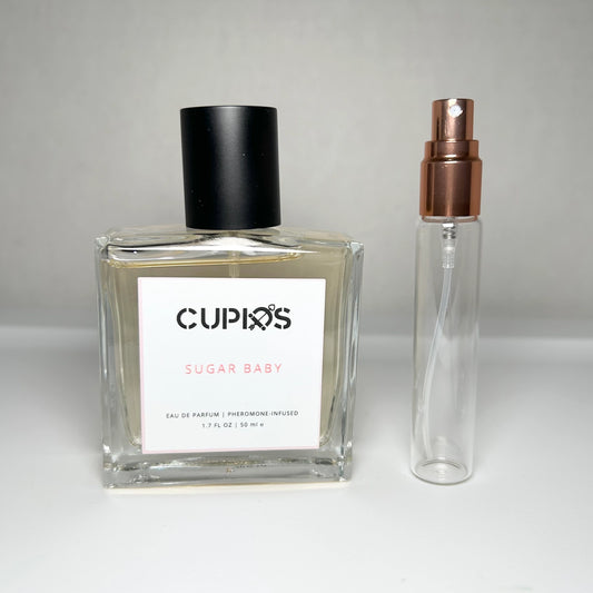 Cupid’s Sugar Baby pheromone-infused perfume in 8 mL travel-size bottle, sweet and soft fragrance for everyday wear