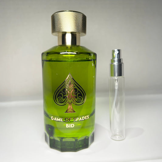 Game of Spades Bid parfum bottle with 8 mL travel-size decant sprayer by Jo Milano Paris, unisex luxury fragrance