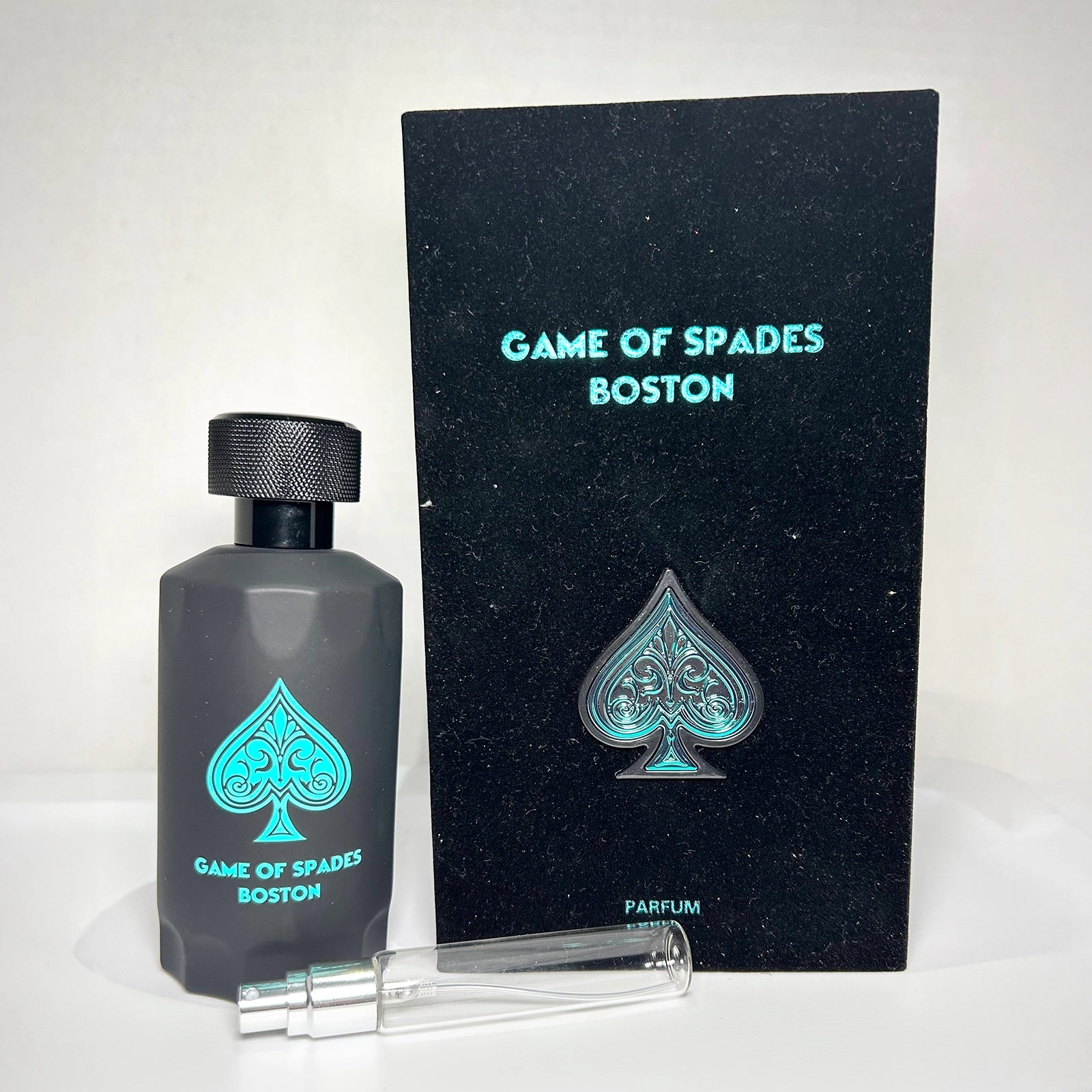 Game of Spades Boston by Jo Milano Paris with parfum bottle, branded box, and 8 mL travel-size decant sprayer, unisex luxury fragrance