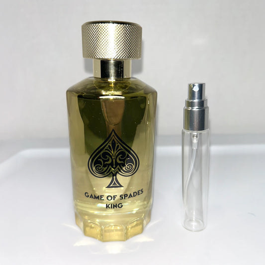 Game of Spades King parfum bottle with 8 mL travel-size decant sprayer by Jo Milano Paris, unisex luxury fragrance