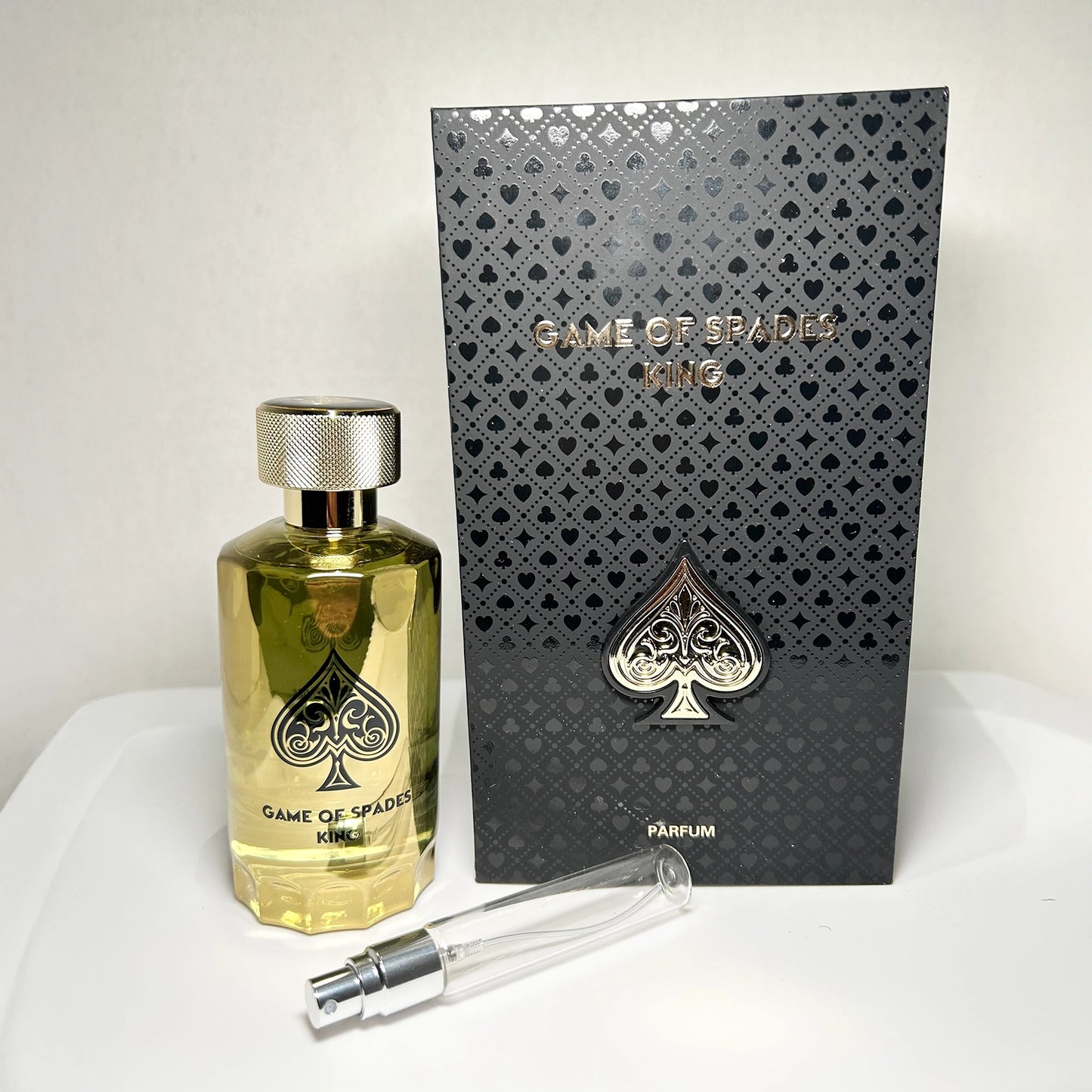 Game of Spades King by Jo Milano Paris with parfum bottle, branded box, and 8 mL travel-size decant sprayer, unisex luxury fragrance