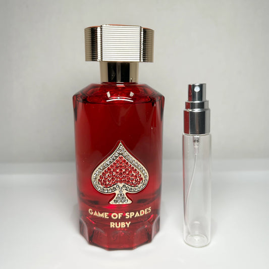 Game of Spades Ruby parfum bottle with 8 mL travel-size decant sprayer by Jo Milano Paris, unisex luxury fragrance
