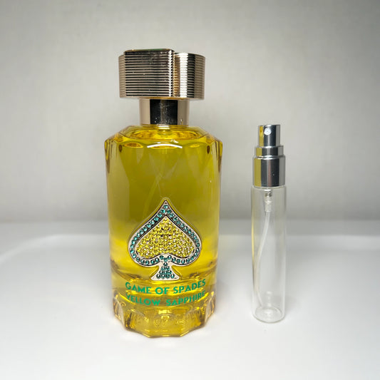 Game of Spades Yellow Sapphire parfum bottle with 8 mL travel-size decant sprayer by Jo Milano Paris, unisex luxury fragrance