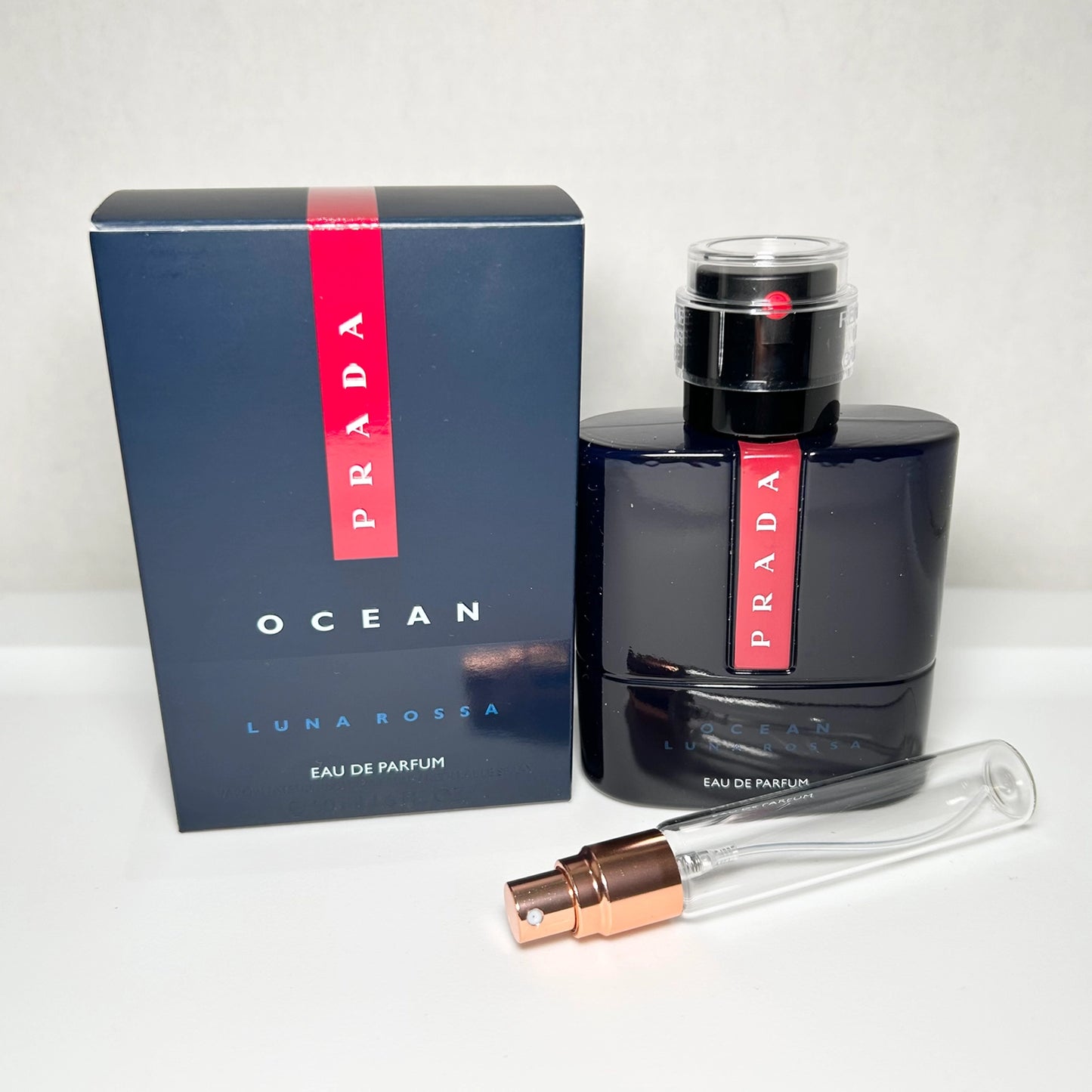 Prada Luna Rossa Ocean Eau De Parfum fragrance box, luxury men’s scent with fresh lemon, saffron, and oakwood notes