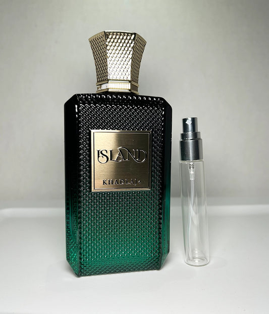 Island by Khadlaj  - Perfume bottle with textured design and Island branding on a light gray background